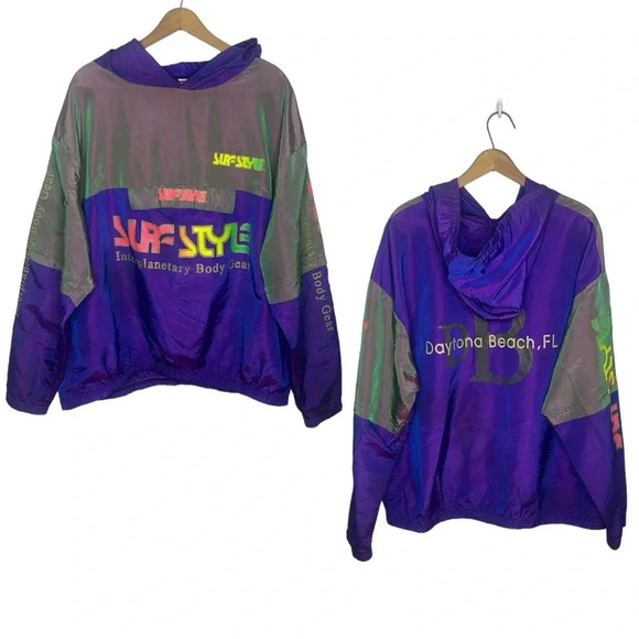 Vintage 90s SURF STYLE Body Gear iridescent hooded windbreaker popover jacket - Picture 1 of 15